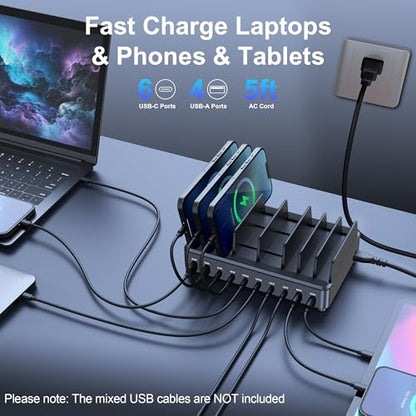 chipofy 500W Charging Station for Multiple Devices with Stand | 10-Port Multi USB C Fast Charger, with Organizer Stand, for MacBook Laptop, iPad, iPhone 17 16 Pro Max, Galaxy S25/S24