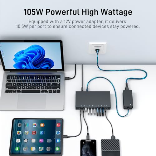 10 Port Powered USB 3.0 Hub, Industrial Rack Mountable USB Data Hub with 12V/3A Adapter 105W Output ESD Protection, Rugged Metal Case USB Expander Splitter - size: 10 Ports