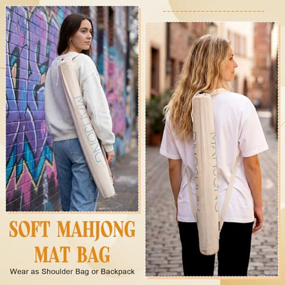 35 Inch Long Velvet Mahjong Mat Bag Cute Double Strapped Drawstring Mahjong Mat Holder Lightweight Carrying Bag for Board Games Outdoor Travel Storage-Mat Not Include(Beige,1 Pc) - color: Beige