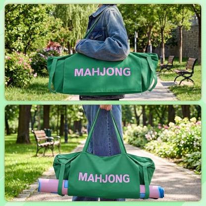 Abbylike 28x9 Inches Mahjong Bag for Rolled Mat Tiles Racks Pushers Accessories Empty Mahjong Tote Bag with Zipper Closure Outer Pockets Lining Large Capacity(Green,Canvas) - color: Green