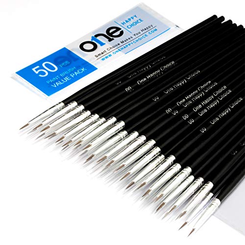 50 Pcs Fine Detail Synthetic Paint Brush Set, Pointed Round Size #00 Small | Extra Fine Tip for Miniature, Scale Model, Figurine, Rock & Nail Painting with Acrylic Watercolor Oil Gouache Enamel & Ink - size: Size #00 (Small)