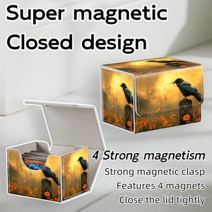 Trading Card Storage Box, Holds 100+ for MTG Cards, PU Leather with Magnetic Closure, Black Raven in Golden Flower Field Durable Deck Box for Magic the Gathering, Trading Card Games - color: Black Raven in Golden Flower Field