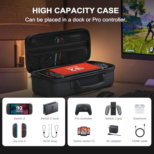 Pogriko Switch 2 Case for Nintendo Switch 2, Travel Carrying Case Holds Switch 2 Console, Dock, Controller, Joycon Straps, Grip, AC Adapter, HDMI Cable & Game Card with 2 Tempered Glass Screen