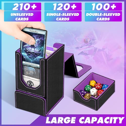 Card Deck Box for MTG Commander, Fits 100+ Double-Sleeved Cards Card Case | with Detachable Dice Tray, 2 Dividers, Removable lid, Trading Card Storage Box, Sturdy and Durable, Fits TCG/PTCG/Sports Card - color: Black and Purple