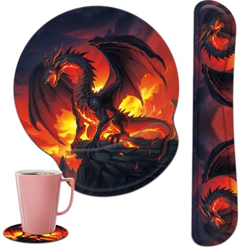 Keyboard Wrist Rest and Mouse Pad Wrist Support Set with Coasters,Ergonomic Gaming Mousepad for Home Office Working Studying Easy Typing & Pain Relief,Fire Dragon - color: Fire Dragon, size: 3 PCS
