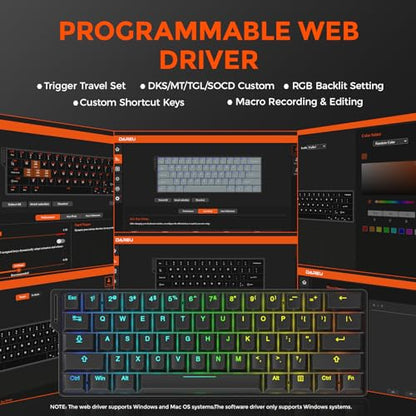 DAREU EK60 HE Rapid Trigger Gaming Keyboard Wired, 0.01mm RT Accuracy Adjustable, Hall Effect Magnetic Switch Hot Swappable, SOCD, 8000Hz Polling, RGB Backlit, 60% Compact Design for Laptop/PC - color: Black