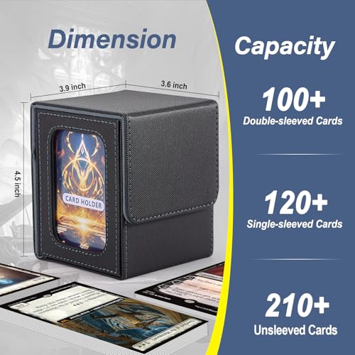 MTG Deck Box, Double Display Window MTG, Commander Deck Box Fits 120+ Single Sleeved Cards, PU Leather Magnetic Closure Card Box with 2 Dividers&2 Toploaders for TCG, CCG, Black/Grey - color: Black/Gray, size: 1 pack