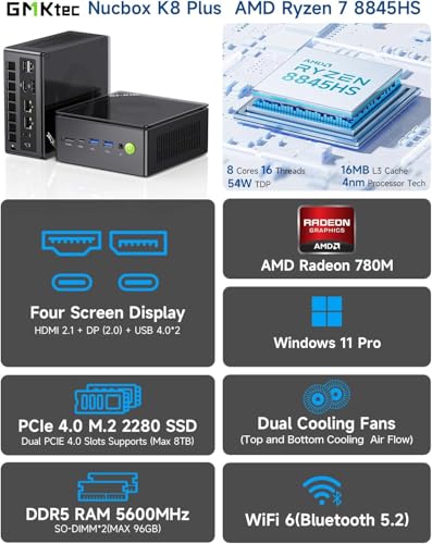 GMKtec Gaming Mini PC K8 Plus AMD Ryzen 7 8845HS(8C/16T, up to 5.1GHz) 32GB DDR5 RAM 1TB SSD, Desktop Computer Dual NIC 2.5G, HDMI 2.1, USB4 - size: R7 8845HS 32GB DDR5 + 1TB