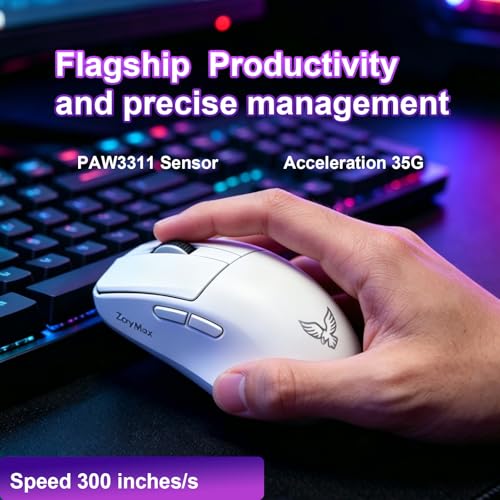 NEO V1 Wireless Gaming Mouse, Triple Mode Bluetooth 5.0 2.4G USB-C, 55g Lightweight, 12000 DPI PAW3311, RGB Backlit, 6 Buttons Rechargeable Optical Mouse for Gaming Office (White) - color: White