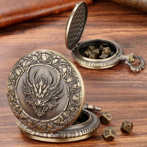 Mini DND Dice Set, Steampunk Dragon Head Pocket Watch Shell Case, 7 Piece Polyhedral D&D Dice, DND Leather Gift Bag with Dragon Logo, MTG, Role Play Board Game Accessories, Bronze Dragon Gifts - color: Dragon Head