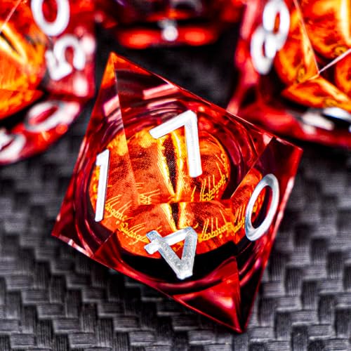 ARUOHHA DND Resin Dice Gazes Eye Dice Silver Red Liquid Core Flaming RPG Sharp Edged Dice Set with Gift Box, Polyhedral D and D Dice Set Compatible with Dungeons Dragons Role Playing Game D20 D6 - color: Sl01-red Silver