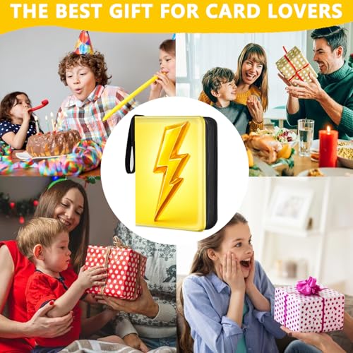 4 Pocket Trading Card Binder, Holds 400 Cards, PU Zipper Binder | PU leather cover, holds 400 cards, 50 removable pages, zipper closure, portable storage and protection. - color: Yellow lightning