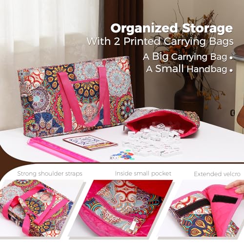 American Mahjong Tile Set with Rose-Red Printed Carrying Bag, 166 Premium White Tiles, 4 All-in-One Color Racks/Pushers, Mah Jongg Sets, Complete Mahjong Game Set for Travel - color: Rose-red Print