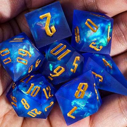 Cusdie Frosted Dice Sharp Edges DND Dice, 7 PCs D&D Dice, Handcrafted Polyhedral Dice Set, for Role Playing Game Pathfinder(Blue) - color: Frosted-blue