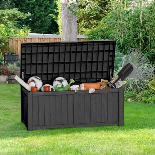 150 Gallon Deck Boxes Outdoor Waterproof, Outdoor Storage Box with Lockable Lid & UV-Resistant for Patio Furniture, Outdoor Cushions, Garden Tools and Pool Supplies, Black - color: Black, size: 150 GAL
