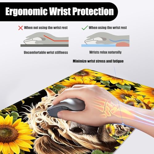 Mouse Pad,Large Desk Mat Set, 4in1 XL Mousepad + Keyboard Wrist Rest+Mouse Wrist Rest+Coaster with Ergonomic Desk Pad for Home Office Table Computer Cover -Highland Cow Sunflower - color: Highland Cow Sunflower