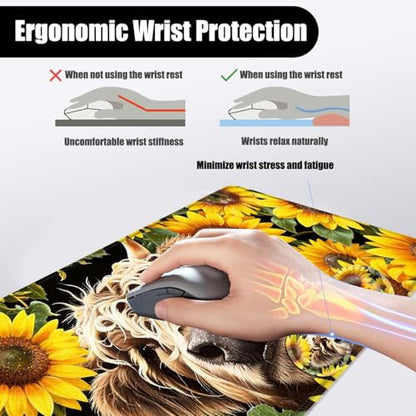 Mouse Pad,Large Desk Mat Set, 4in1 XL Mousepad + Keyboard Wrist Rest+Mouse Wrist Rest+Coaster with Ergonomic Desk Pad for Home Office Table Computer Cover -Highland Cow Sunflower - color: Highland Cow Sunflower