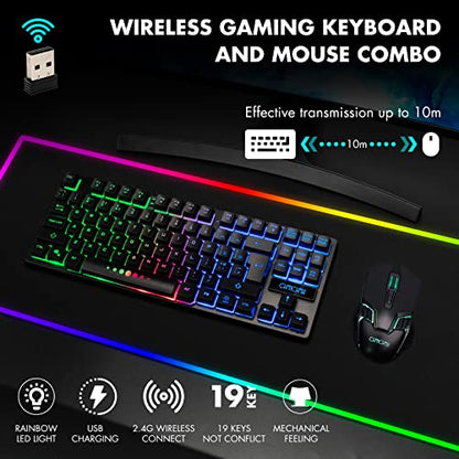 Gaming Wireless TKL Keyboard Mouse Combo Rechargeable LED Backlit Tenkeyless Compact 87 Keys 6 Button for Computer Laptop PS4 PS5 Switch Compatible with Windows XP/7/8/10 iMac MacBook Xbox one X
