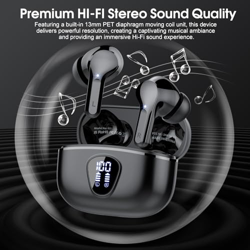 Wireless Earbuds, Bluetooth 5.4 Headphones HiFi Stereo, Bluetooth Earbuds with ENC Noise Cancelling Mic, IP7 Waterproof in Ear Earphones, 48H, LED Display Ear buds for Pad Workout Sports, Black - color: Black