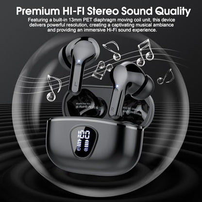 Wireless Earbuds, Bluetooth 5.4 Headphones HiFi Stereo, Bluetooth Earbuds with ENC Noise Cancelling Mic, IP7 Waterproof in Ear Earphones, 48H, LED Display Ear buds for Pad Workout Sports, Black - color: Black