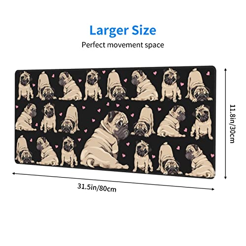 Pug Mouse Pad XL Extended Desk Mat, Computer Mousepad | Cute Black Cool Fuuny Dog Love Non Slip Rubber, Base Stitched Edge, Gaming Pc Large Mice Pad 31.5 x 11.8 Inch - color: Black22