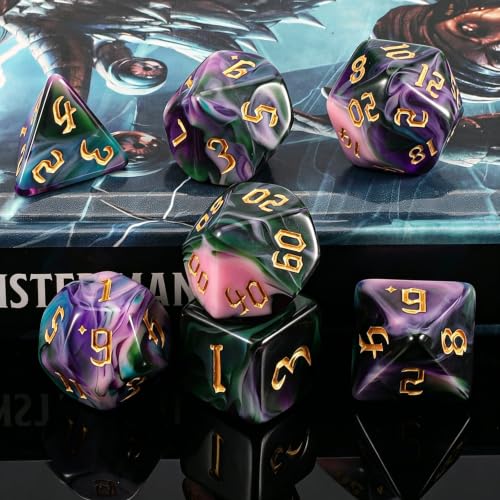 QMAY DND Dice Set -D&D Polyhedral Dice (7 Pcs) for Dungeons and Dragons (Purple Green Four Colors) - color: Purple Green Four Colors