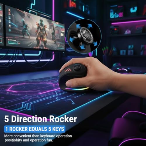 TKMARS Ergonomic Vertical Gaming Mouse with 5-Way Thumb Joystick, Tri-Mode Wireless, 12 Programmable Buttons, Up to 24000 DPI, Rechargeable RGB Mouse for Gaming, Work and Creative Tasks