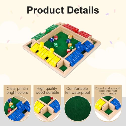 Shut The Box Game, Family Games for Adults, Classics Tabletop Math Skills Board Game, 2-4 Player Wood Board Shut The Box Dice Dame for Family Night Home Party and Pub