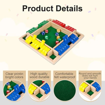 Shut The Box Game, Family Games for Adults, Classics Tabletop Math Skills Board Game, 2-4 Player Wood Board Shut The Box Dice Dame for Family Night Home Party and Pub