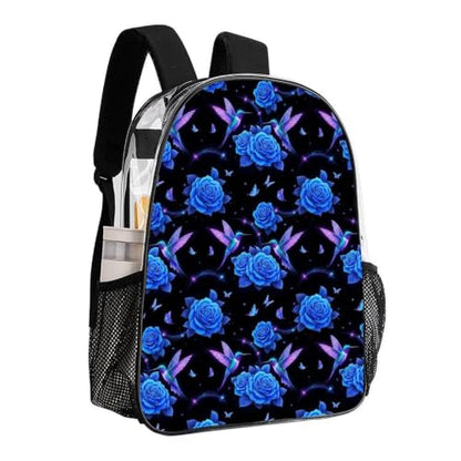 Stadium Approved Heavy Duty Clear Bookbag Adjustable Shoulder Straps | Water Resistant, Hummingbird Purple Rose, Stadium Approved, Transparent Beach Bag, with Mesh Side Storage Pockets - color: Pattern (323)