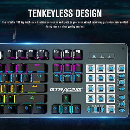 GTRACING Mechanical Keyboard, Wired Gaming Keyboard, Switch 104 Keys Rainbow Backlit Keyboard and 20 LED Lighting Effect for PC Computer Gamers (Gray)