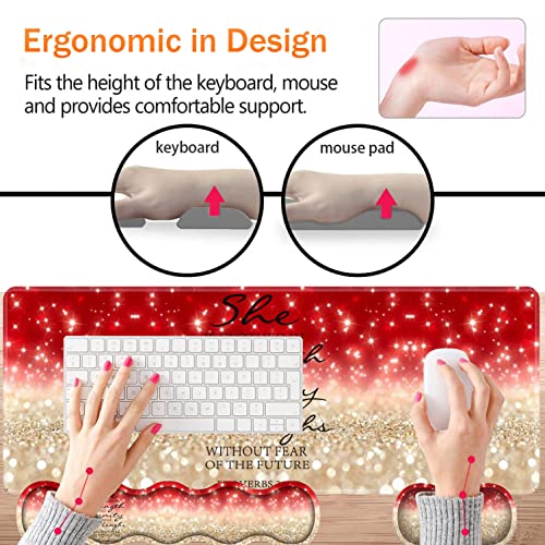 Large Gaming Mouse Pad, Keyboard Wrist Rest + Mouse Wrist Pad + Coaster Combination Set, Memory Sponge Non-Slip Base. Suitable for Office and Home, Red Glitter Quote Proverbs 31-25 - color: Fok-fo1-mouse -022