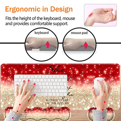Large Gaming Mouse Pad, Keyboard Wrist Rest + Mouse Wrist Pad + Coaster Combination Set, Memory Sponge Non-Slip Base. Suitable for Office and Home, Red Glitter Quote Proverbs 31-25 - color: Fok-fo1-mouse -022