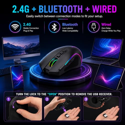 E-YOOSO Ergonomic Wireless Gaming Mouse, Tri-Mode, Rapid Fire Key, 8000 DPI | 9 programmable buttons, 6 RGB modes, 75-hour battery, contoured thumb rest, 1000Hz polling, for right-handed gaming and work