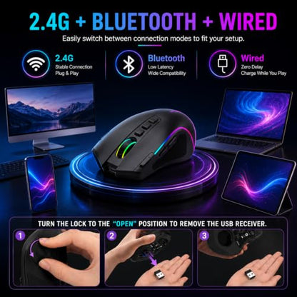 E-YOOSO Ergonomic Wireless Gaming Mouse, Tri-Mode, Rapid Fire Key, 8000 DPI | 9 programmable buttons, 6 RGB modes, 75-hour battery, contoured thumb rest, 1000Hz polling, for right-handed gaming and work