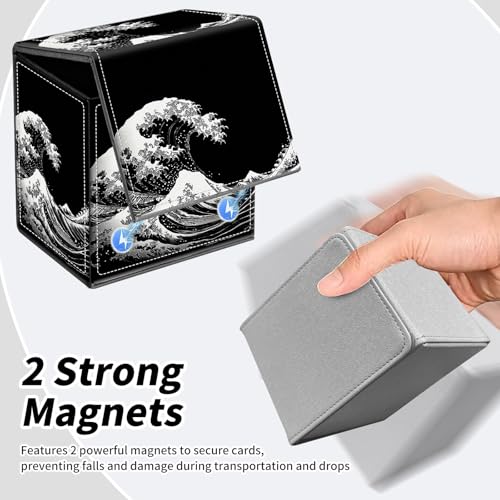BVDIKMI Card Deck Box for Trading Cards, Card Storage Box Fits 100+ Single Sleeved Cards, PU Leather Strong Magnet Card Deck Case Holder for Magic Commander TCG CCG, Japanese Sea Wave - color: Japanese Sea Wave