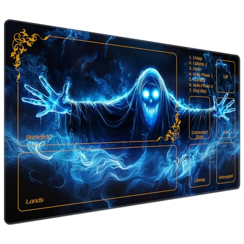 DEGDFSGR for MTG Playmat with Zones 24 x 14 inches for TCG Playmats Non-Slip Rubber Base Commander Play Mat for Magic Playmat Iorcana Trading Card Game, Blue Flame Smoke Skull Death - color: Blue Flame Smoke Skull Death, size: 24" x 14"