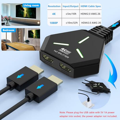 HDMI Splitter 1x2, 4K@60Hz HDMI 2.0 Splitter 1 in 2 Out for Dual Monitors, 1 Source to 2 Displays, Supports 18Gbps High Speed, HDCP 2.2, 3D, HDR, Compatible for Projector/TV/Monitor.