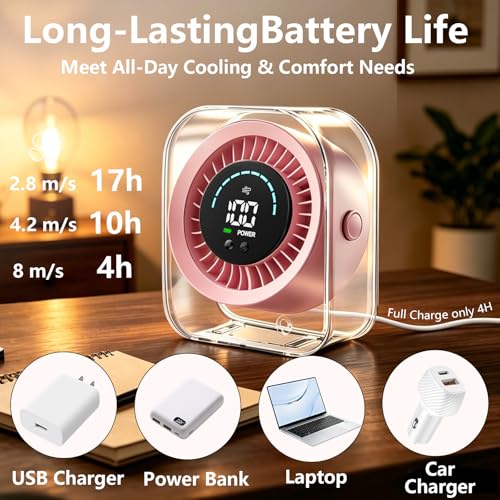 Desk Fan Small Quiet, Rechargeable USB Table Fan with Turbo Airflow, 100 Speeds LED Display, 360° Rotation, Portable Battery Powered Desktop Fan for Bedroom Home Office Travel, Pink - color: Pink