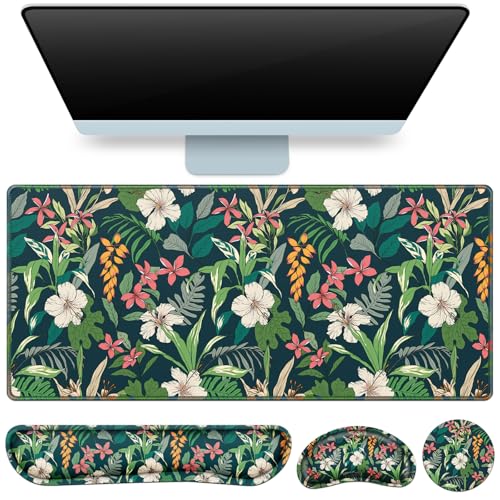 Desk Mat Floral, Large Gaming Mouse Pad with Wrist Rest, 4in1 XXL Mousepad+Keyboard Wrist Rest+Mouse Pad Wrist Support+Cup Coaster Set Ergonomic Computer Desk Arm Wrist for Decor Home Office Women - color: Colorful Flowers