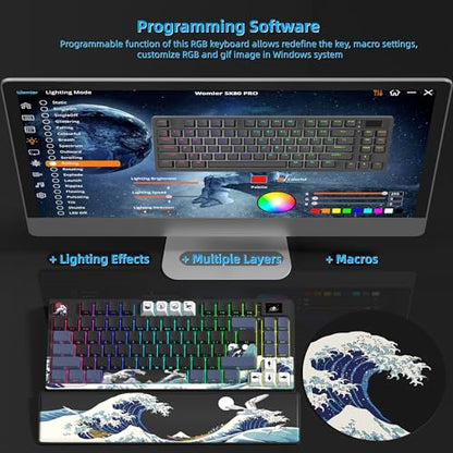 Womier 75% Wireless Mechanical Keyboard with Color Multimedia Screen | Anime Gaming Creamy Keyboard,3-Modes Hot Swap Kanagawa Theme Keyboard w/Wrist Rest,Gasket RGB Custom for Mac/Win,SK80 PRO - color: Anime Black