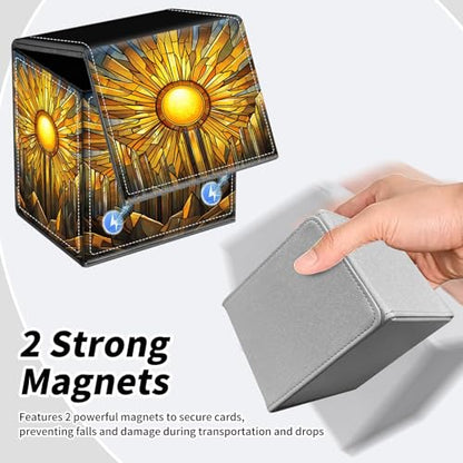 BVDIKMI Card Deck Box for MTG, Card Storage Box Fits 100+ Single Sleeved Cards, PU Leather Strong Magnet Card Deck Case Holder for Magic Commander TCG CCG, Yellow Sun - color: Yellow Sun
