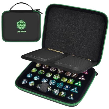Hard DND Dice Case for 5 Polyhedral Dice Sets, Case Only | Hard shell dice case, holds 5 polyhedral sets, with removable divider and dual mesh pockets for DND/RPG game nights - color: Green