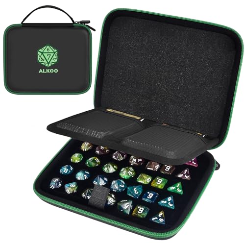 Hard DND Dice Case for 5 Polyhedral Dice Sets, Case Only | Hard shell dice case, holds 5 polyhedral sets, with removable divider and dual mesh pockets for DND/RPG game nights - color: Green