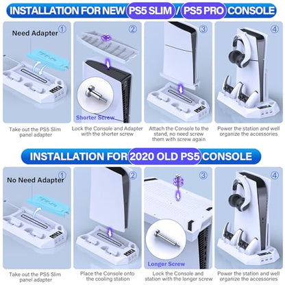 PS5/Slim/Pro Cooling Station for PlayStation 5 Console Disc/Digital Edition - PS5 Slim Pro Cooling Stand with Controller Charging Station Accessories-Cooler Fan/Headset Holder/3 USB Hub, White - color: 1-White