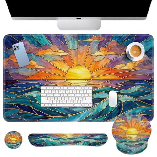 Britimes Gold Sun Ocean Keyboard Mouse Pad Set Boho Colorful 4in1 Large Mousepad+Keyboard Wrist Rest+Mouse Wrist Rest+Coaster Ergonomic Design for Home Office Computer 35.4x15.7 inches - color: Gold Sunset Ocean