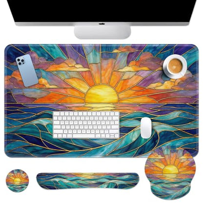 Britimes Gold Sun Ocean Keyboard Mouse Pad Set Boho Colorful 4in1 Large Mousepad+Keyboard Wrist Rest+Mouse Wrist Rest+Coaster Ergonomic Design for Home Office Computer 35.4x15.7 inches - color: Gold Sunset Ocean