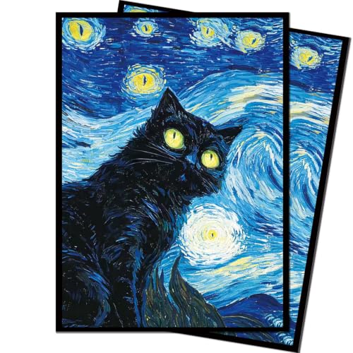 100 Count Card Sleeves Compatible with MTG, Ultra Clear Front & Matte Finish Back, Standard Size TCG Art Sleeves for Trading Cards (Starry Night Black Cat) - color: Starry Night Black Cat