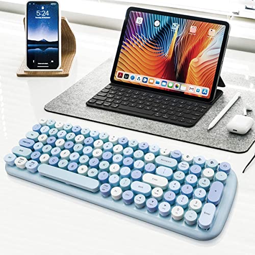 MOFII Bluetooth Wireless Keyboard for iPad, Laptop, PC, Mac, Smartphone, Connect 3 Bluetooth Devices, Cute Colorful Round Keys Retro Aesthetic Keyboard - Blue - color: mixed blue