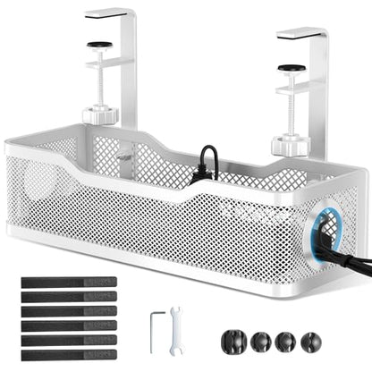Cable Management Under Desk Tray, No Drill Cable Management Box with Clamp for Wire Organization, Cord Organizer for Office, Home - No Damage to Desk (White)